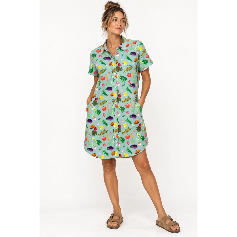 KAVU Vegetable Print Button Front Shirt Dress Light Blue Garden Veggie Size Med